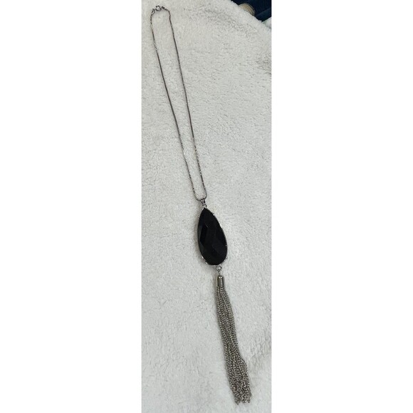 Silver Tone Teardrop Reversible Pendant With Tassel Necklace Preppy - Picture 1 of 6